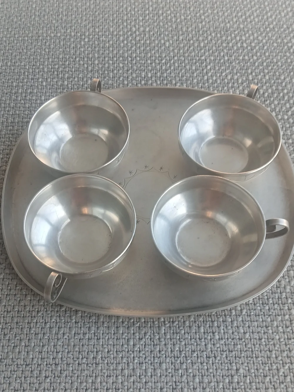 Silver Tone Metal Tea Set - 4 Cups with Serving Tray